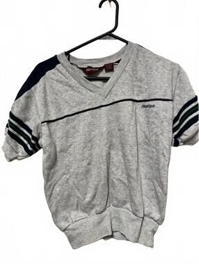 Vintage Finish Line V-Neck Short Sleeve Sweatshirt Gray Striped Small